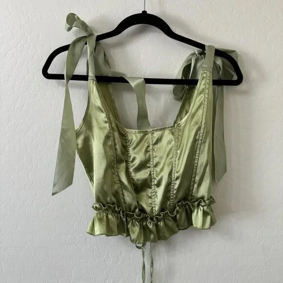 Lime Green Satin Tie Shoulder Lace Up Corset - Picture 8 of 9